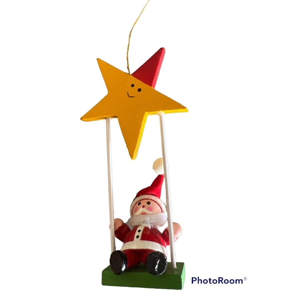 Vintage Wooden Santa Claus on Swing Christmas Ornament Smiling Star Folk Art
